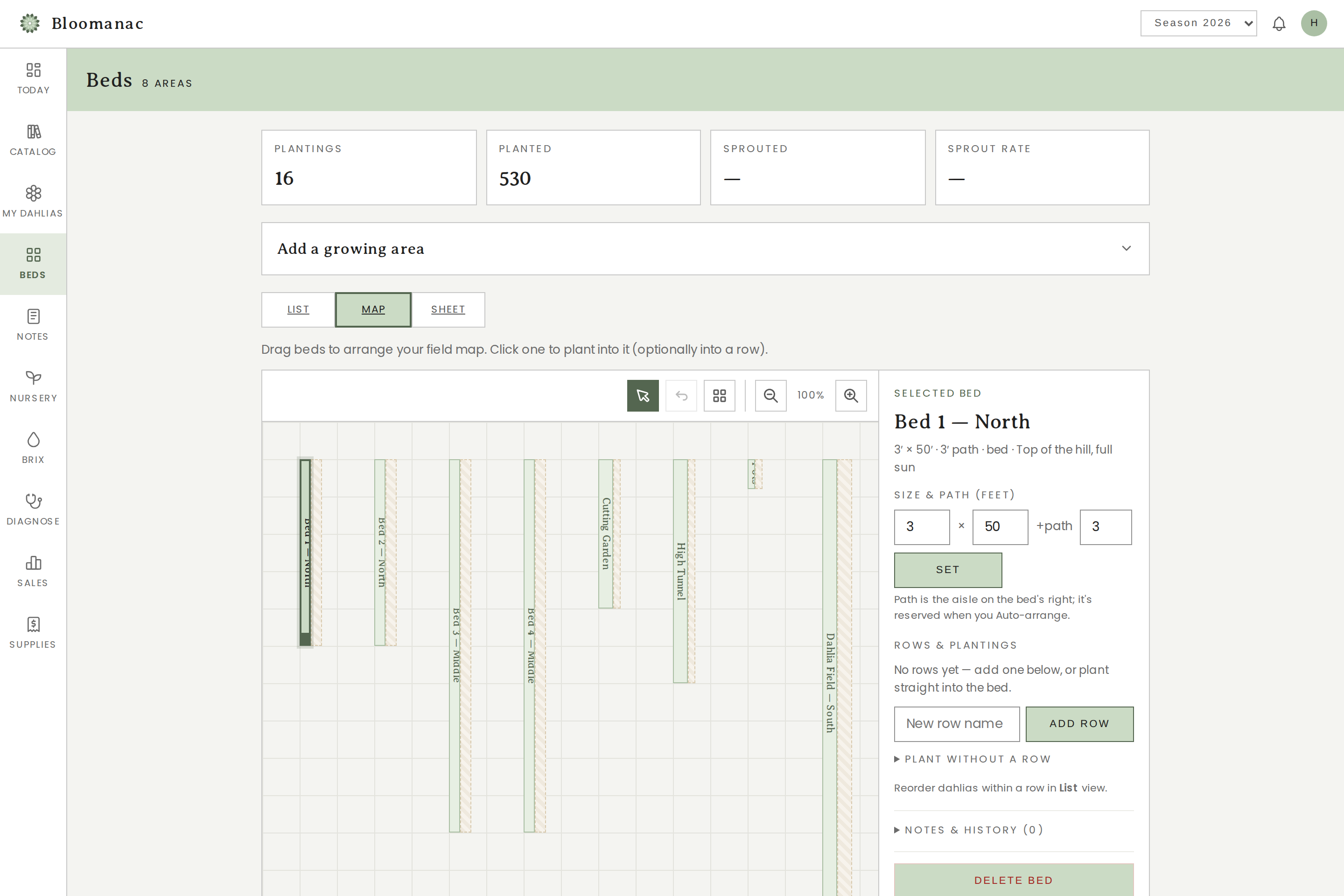 The to-scale field map with eight beds and the AI bed-setup panel