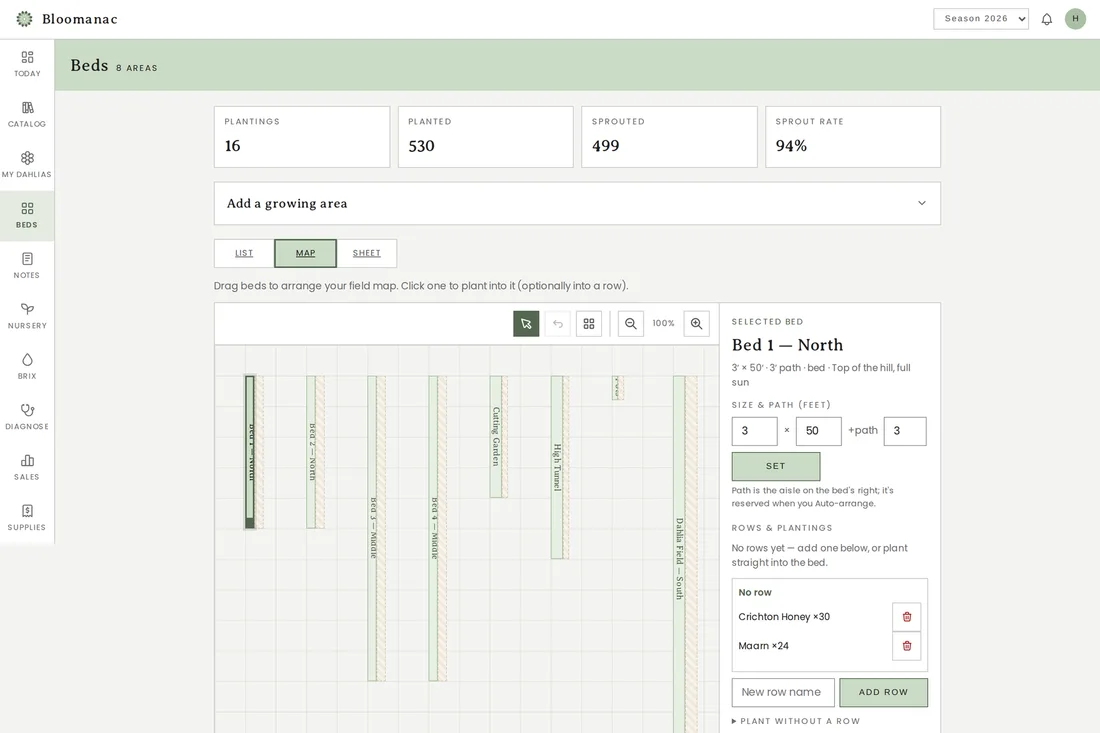 The to-scale field map with eight beds and the AI bed-setup panel