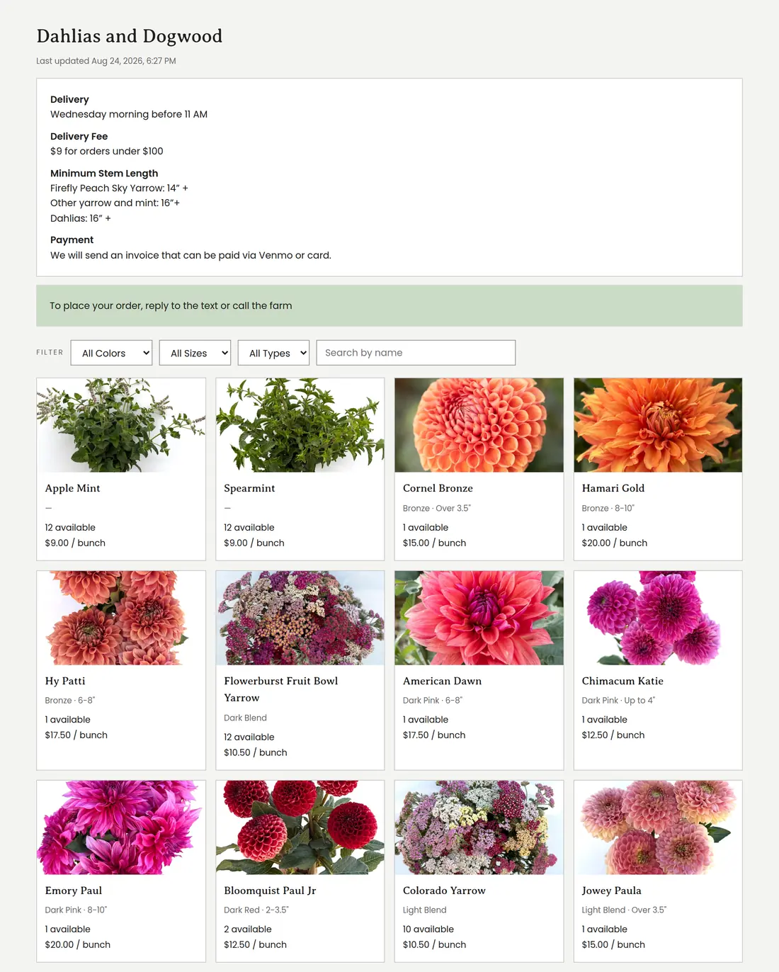 A farm&rsquo;s public availability page as a buyer sees it — delivery day, delivery fee, minimum stem lengths and payment terms, then a photo card for every dahlia and filler on offer with its color, bloom size, quantity and price per bunch