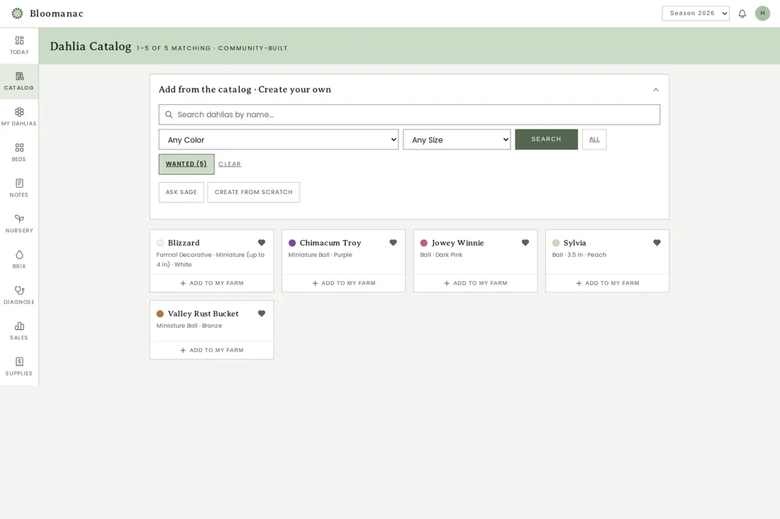 The catalog's Wanted filter showing five hearted cultivars on the want-list