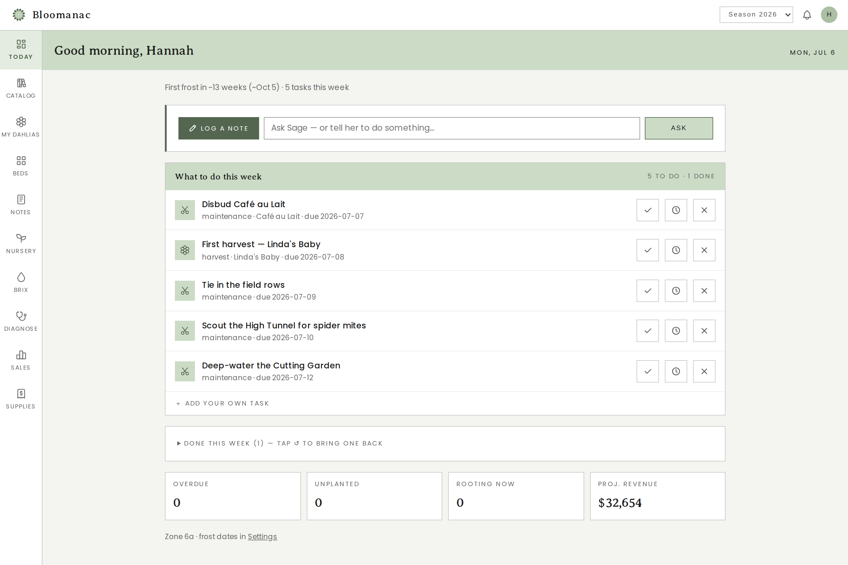 Bloomanac dashboard showing this week's tasks, the Ask Sage assistant, and a frost-aware growing calendar