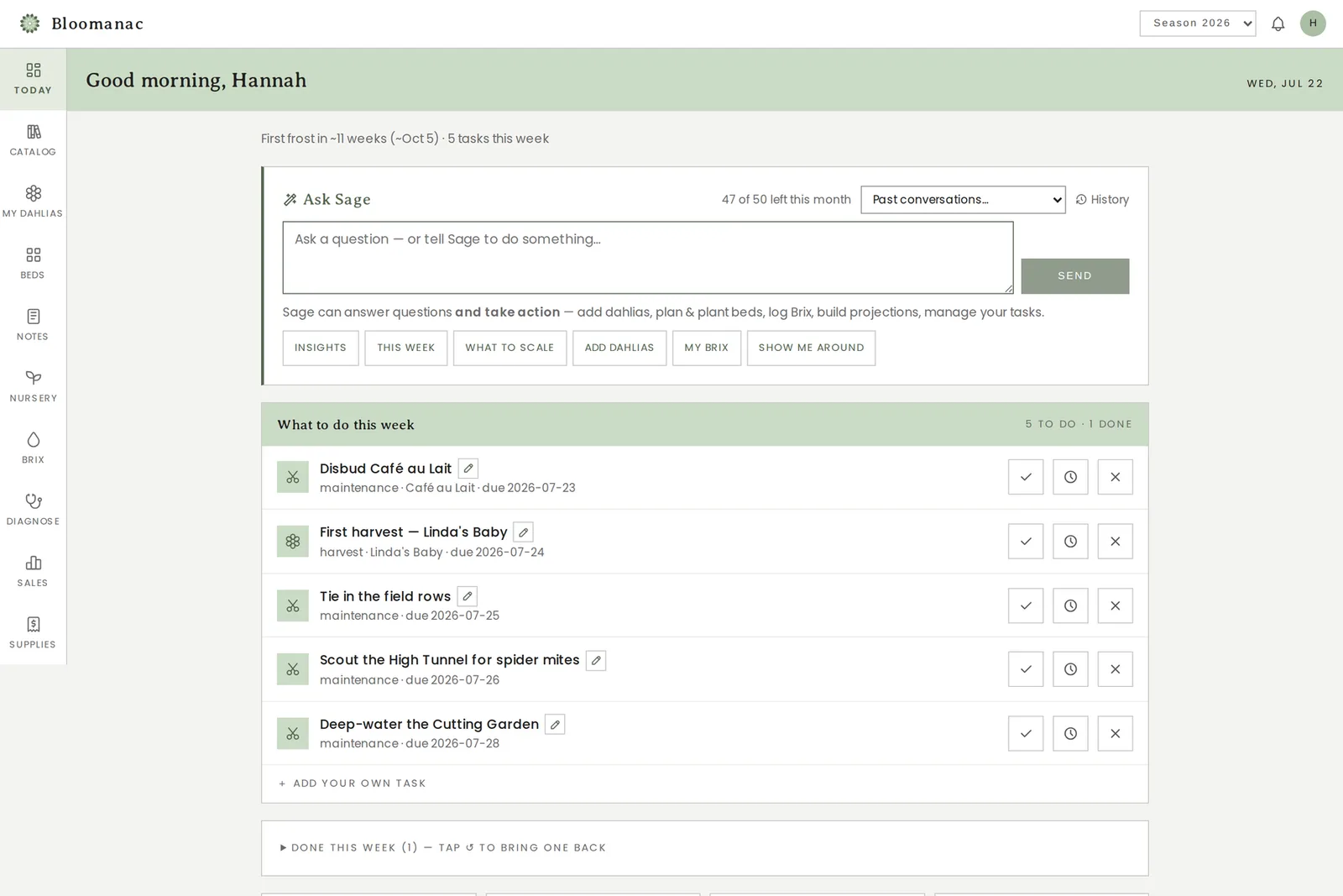 Bloomanac dashboard showing this week's tasks, the Ask Sage assistant, and a frost-aware growing calendar
