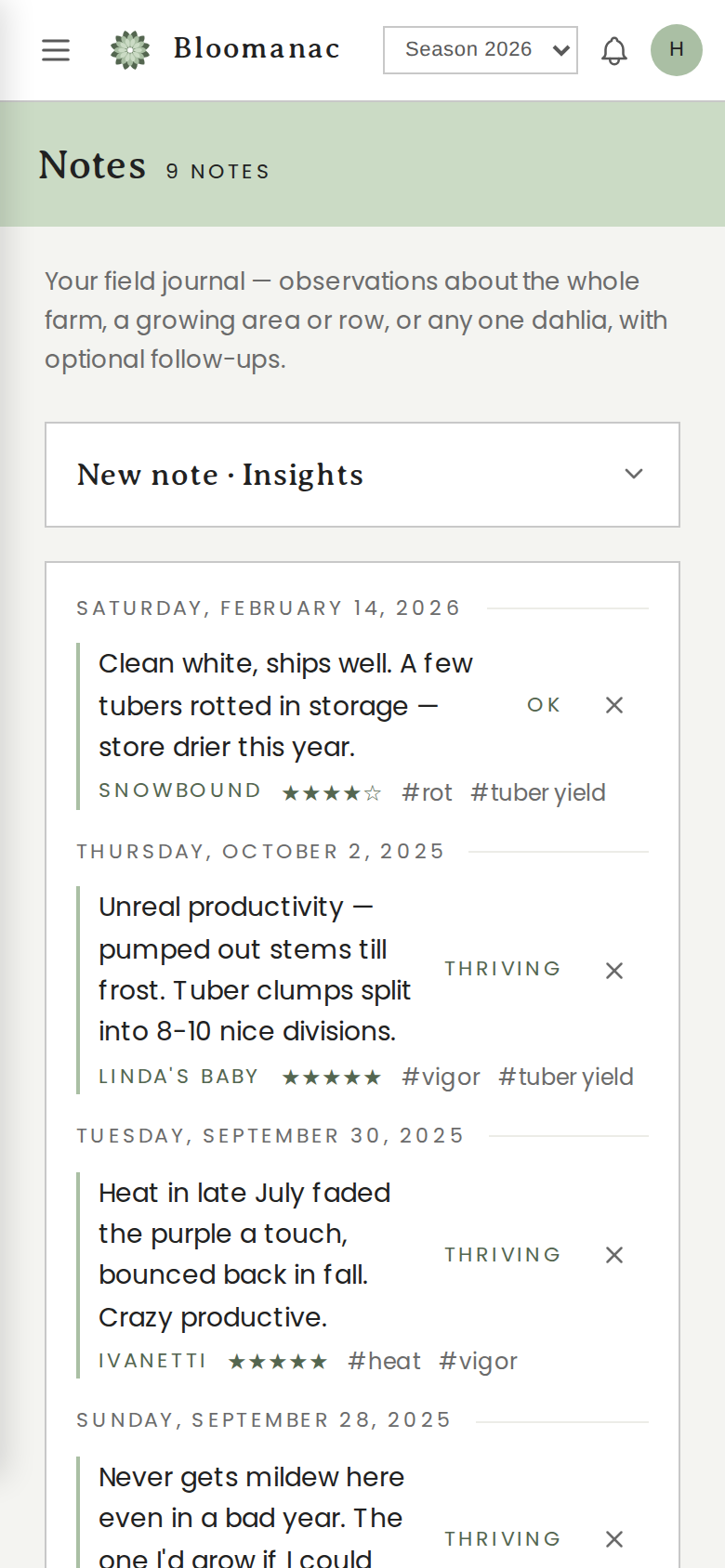 Bloomanac on a phone — the field journal of dated notes with ratings and tags, and a one-tap voice note