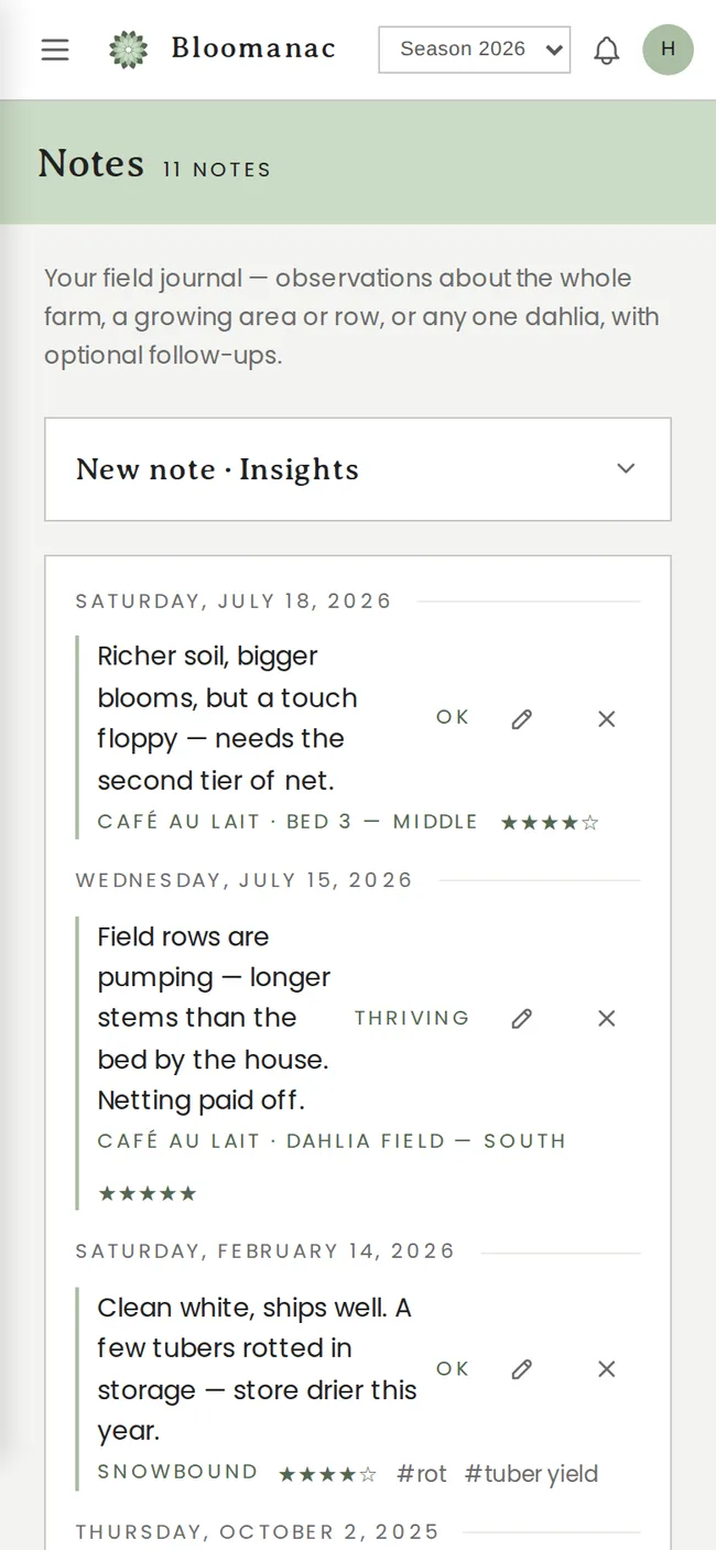 Bloomanac on a phone — the field journal of dated notes with ratings and tags, and a one-tap voice note