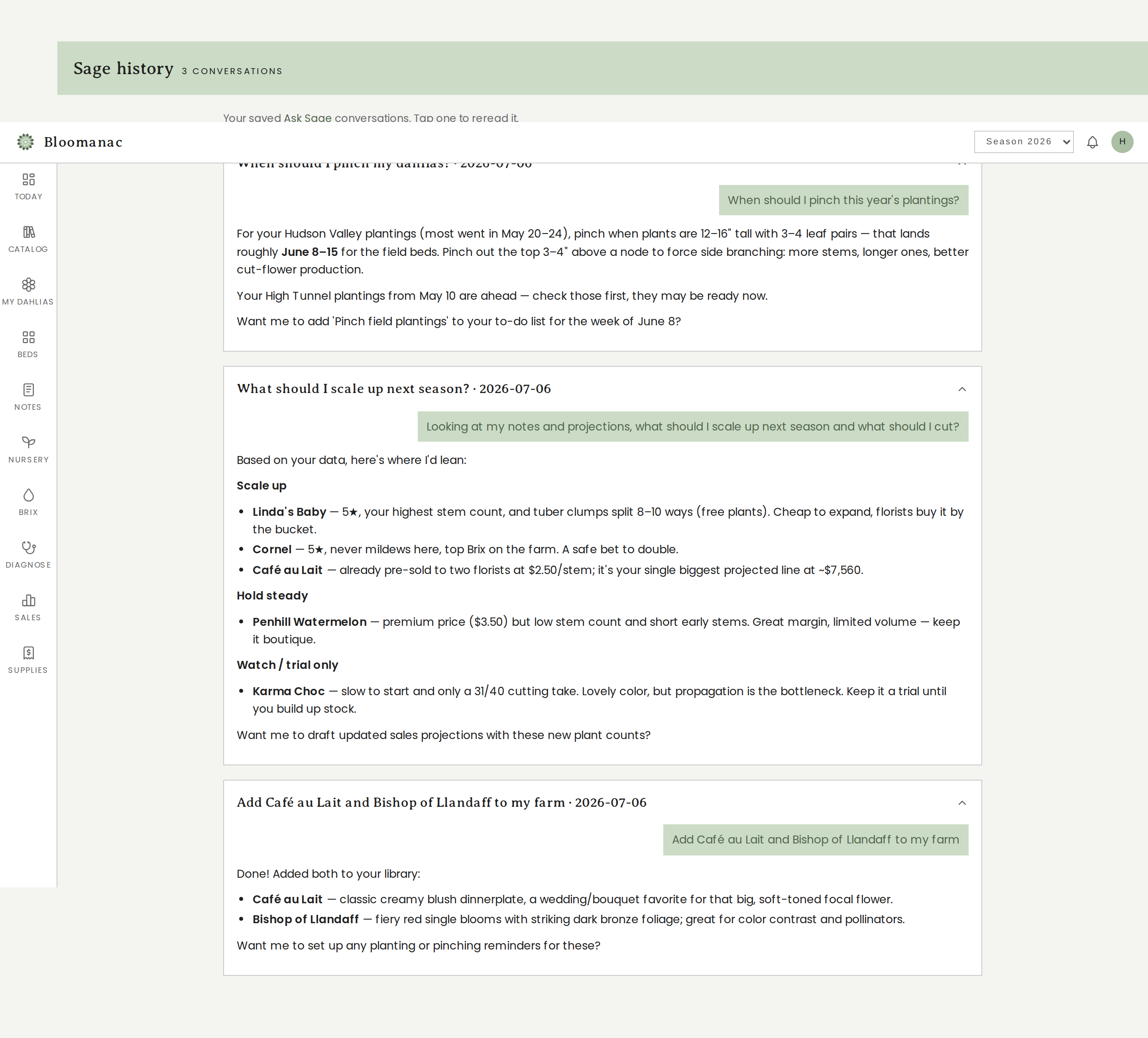 Sage conversations: advising which varieties to scale up with revenue figures, pinch timing, and adding varieties to the farm