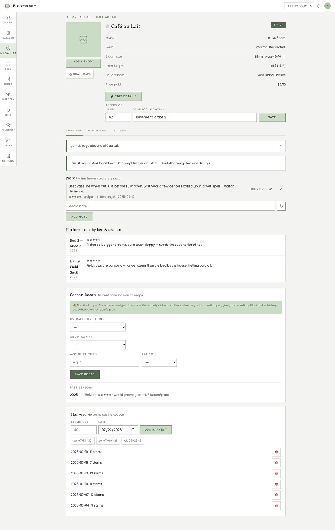A variety page with tuber inventory, storage location, season recap and the harvest quick-log